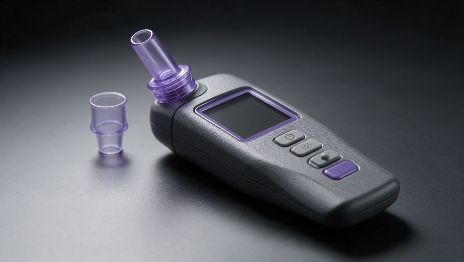 A generic handheld breath alcohol testing device and a disposable mouthpiece on a dark surface