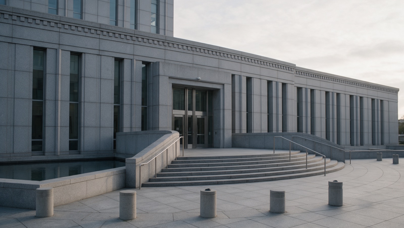 The entrance steps and plaza of a plain modern American urban criminal courthouse